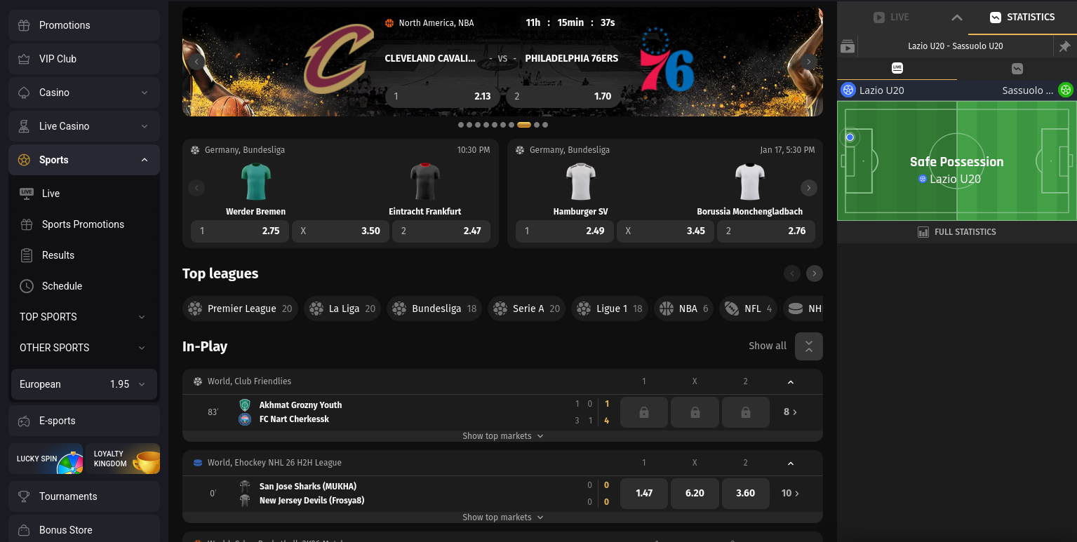 Fortune Play sports betting interface showing live markets and odds